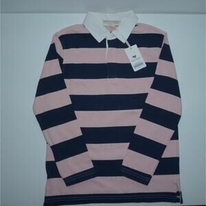 Hope & Henry Boys Rugby Shirt Long Sleeved Pink Navy Striped Size MEDIUM